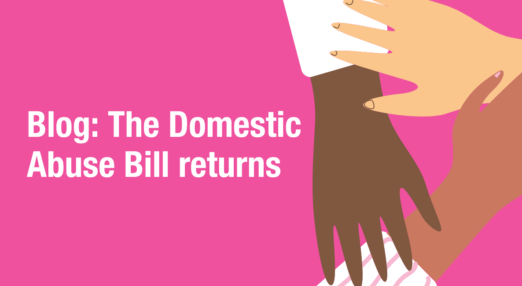 Text: "Blog: The Domestic Abuse Bill returns" Image: 3 hands holding against pink background
