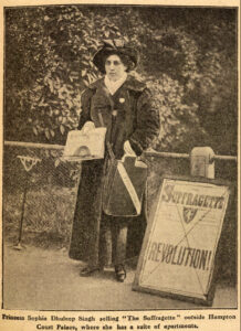 Newspaper cutting showing Princess Sophia Duleep Singh selling suffragette newspapers outside